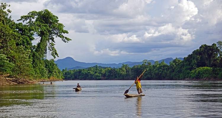 People canoeing on a wide river with forested banks.