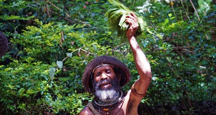 Indigenous man with a traditional headdress in a lush green setting.