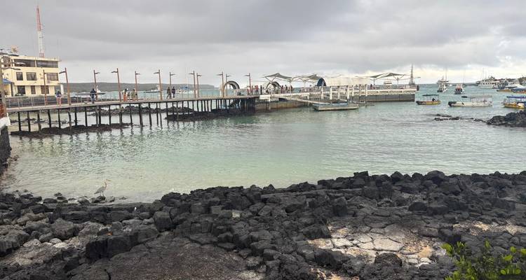 Zone portuaire avec une jetée, de petits bateaux et des rochers volcaniques noirs aux Galápagos par une journée nuageuse.