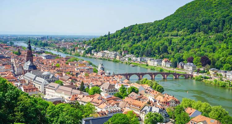 Aerial panorama of red-roofed Heidelberg old town and arched stone bridge spanning the Neckar River.