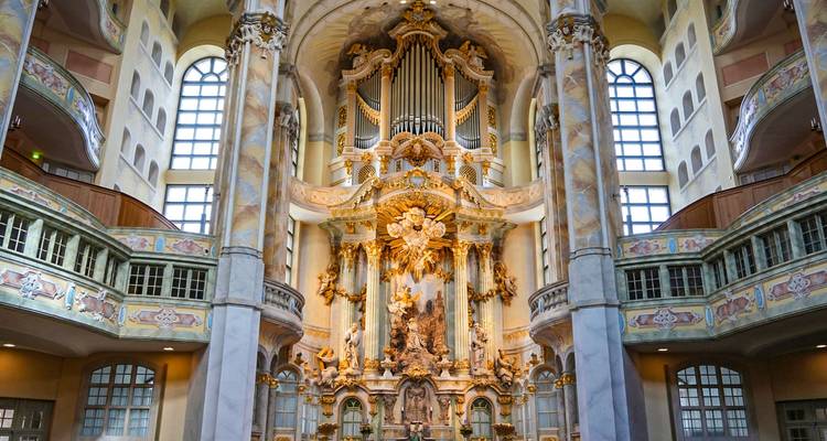 Ornate gold and marble interior of Dresden’s Frauenkirche with its grand organ.