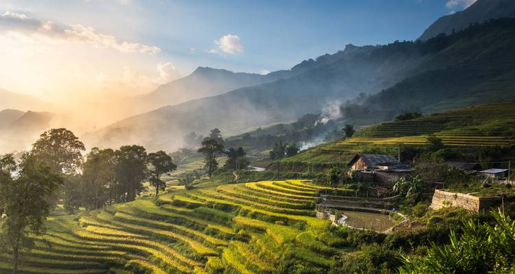 Sunlit stepped rice terraces winding along misty mountain slopes in northern Vietnam.
