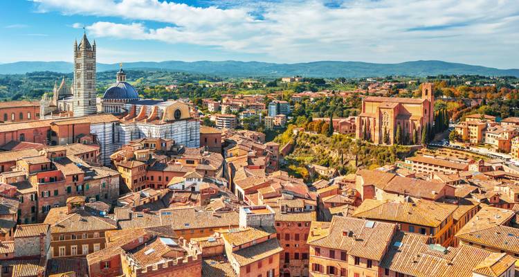 Aerial view of a historic city with red tiled roofs.