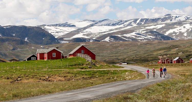 Cyclistes sur une route de montagne entourée de montagnes enneigées