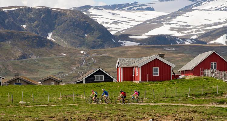 Radfahrer fahren an roten Hütten auf einer Grasebene vorbei, während schneebedeckte norwegische Gipfel dahinter aufragen.