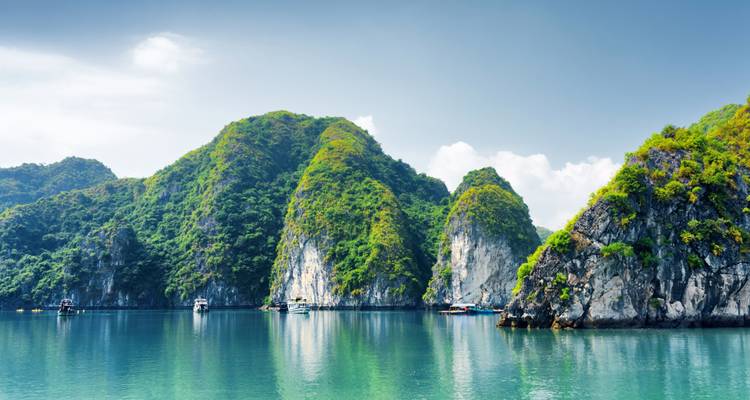 Ruhige Gewässer spiegeln schroffe Klippen und üppige Vegetation wider.