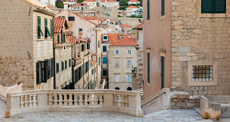 Stone staircase and narrow alleys of Dubrovnik’s UNESCO-listed Old Town.