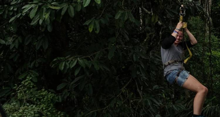 Un viajero en un arnés baja en tirolesa a través de un paisaje de selva oscura y frondosa.