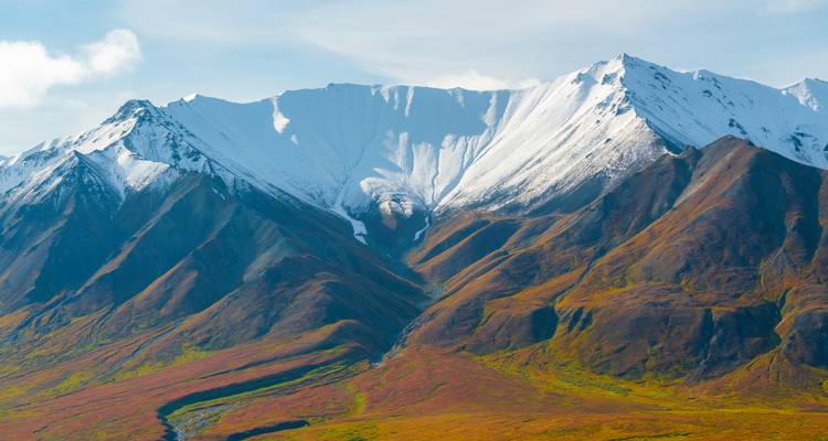 Snow-capped mountains with colorful autumn foliage.