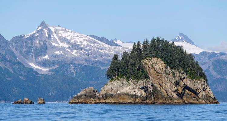 A small forested island surrounded by water with mountains in the background.