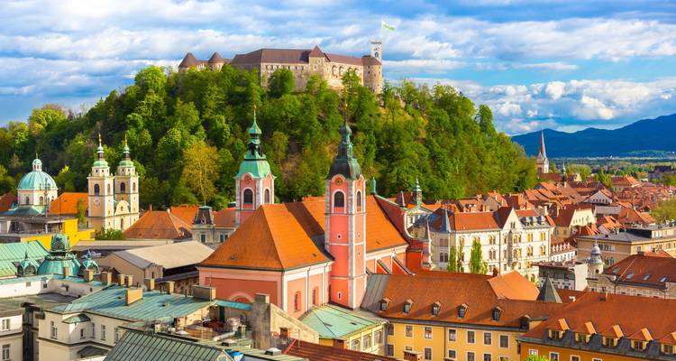 Ljubljana Castle and the cityscape of Ljubljana, Slovenia on a sunny day.