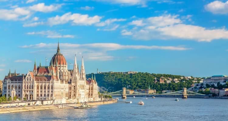 Budapest, Hungary with the Parliament building and the Chain Bridge over the Danube River.