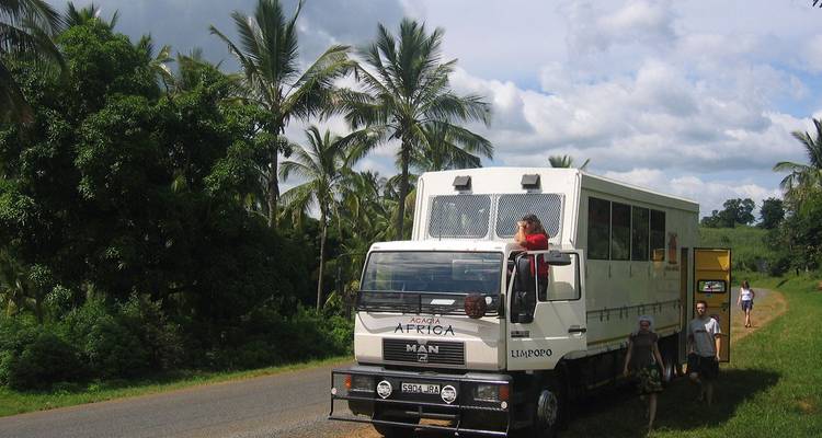 Camión de expedición terrestre con viajeros estacionado en un camino rural bordeado de palmeras en África Oriental.