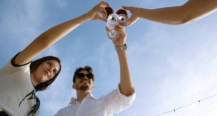 Des amis lèvent des verres de vin rouge face à un ciel bleu dégagé pour célébrer.