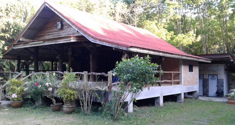 Traditioneel houten huis met een rood dak in een weelderige omgeving.