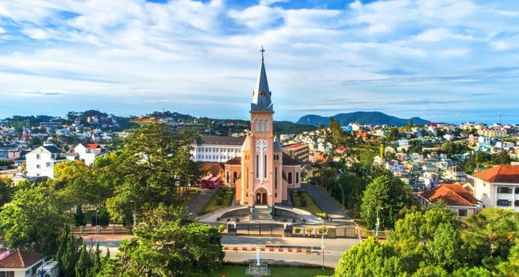 Pink church in a cityscape