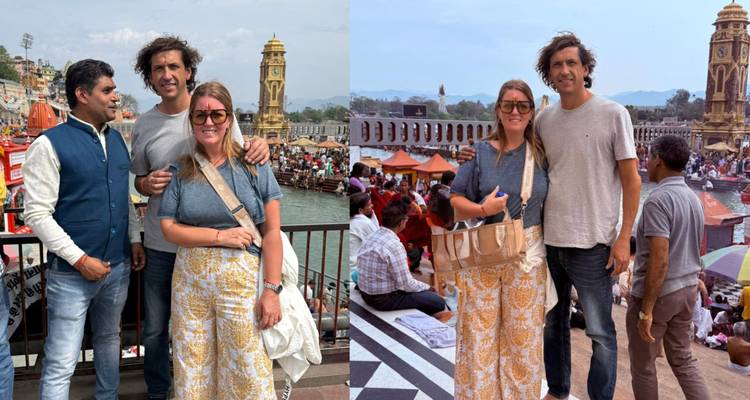Collage of two photos showing tourists overlooking the Ganges during an aarti ceremony in Haridwar.