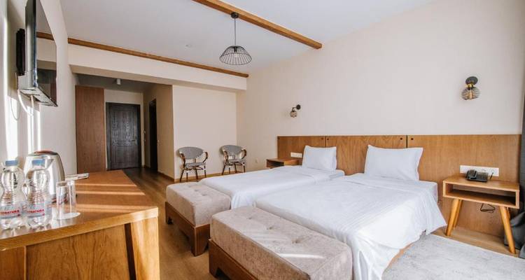 Lichte hotelkamer met twee eenpersoonsbedden en moderne inrichting.