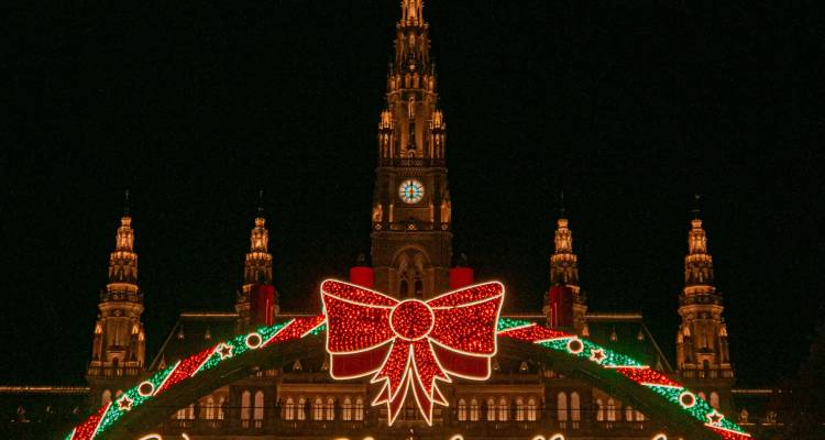 L'hôtel de ville de Vienne magnifiquement illuminé la nuit avec un immense arc en forme d'arc de lumières au premier plan.