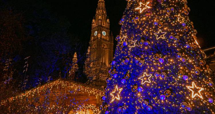 Sapin de Noël étoilé et tour de la Mairie de Vienne scintillant dans le ciel nocturne profond.