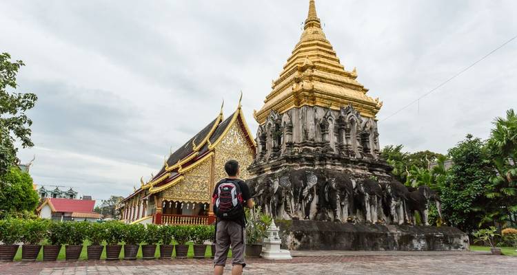 Traveler with a backpack standing near a golden temple with elephant carvings.