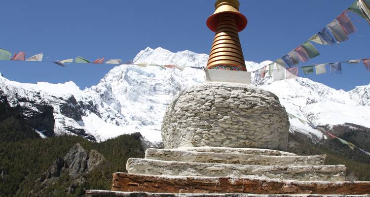 Een stupa met gebedsvlaggen en besneeuwde bergen in Nepal.