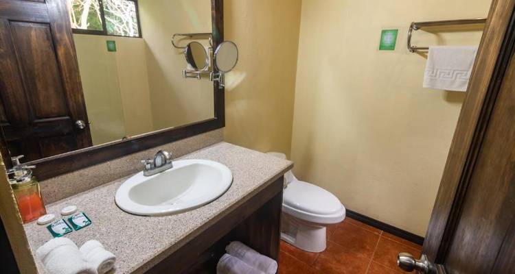 Une salle de bain basique avec un lavabo, des toilettes et l'essentiel.