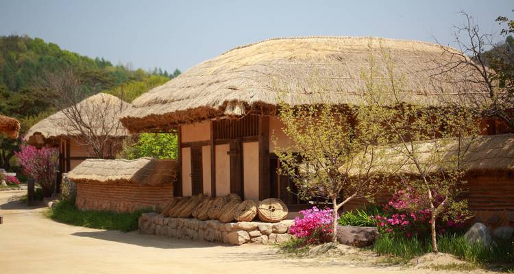 Casas rurales con techos de paja tradicionales rodeadas de árboles en flor y colinas boscosas