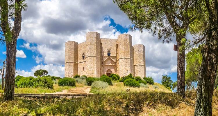 Das einzigartige achteckige Fort Castel del Monte thront auf einem grünen Hügel, umrahmt von Kiefern und einem dramatischen Himmel.