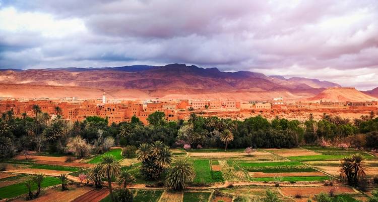 Landscape with adobe buildings and a mountainous backdrop.