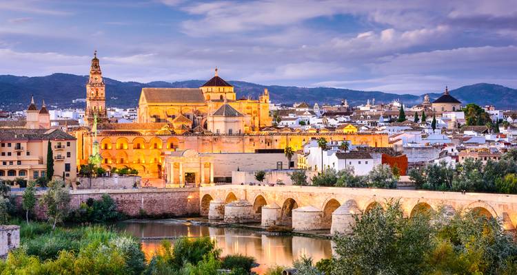 Mezquita histórica iluminada y paisaje urbano al anochecer con vista al río.