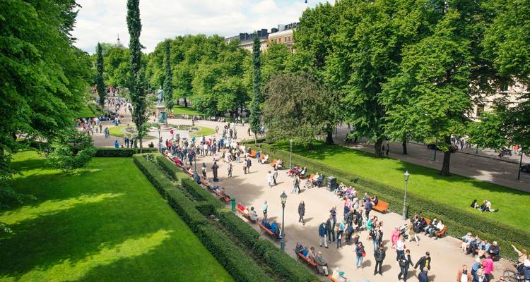Park met wandelpaden, bomen en mensen die van het buitenleven genieten.