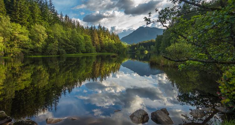 Friedlicher See umgeben von üppigem Wald mit Bergen im Hintergrund.