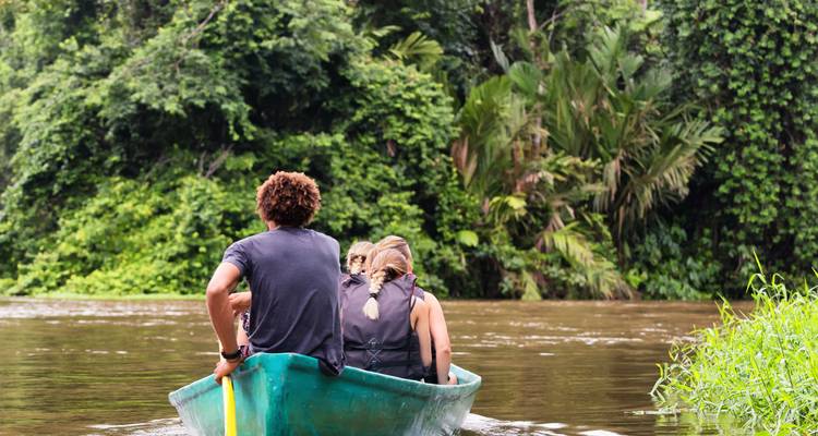 Un petit groupe en canoé à moteur explore les voies navigables luxuriantes des canaux de forêt tropicale de Tortuguero.