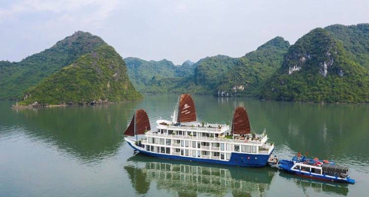 Schilderachtig uitzicht van een cruiseschip op kalme wateren met groene heuvels op de achtergrond.