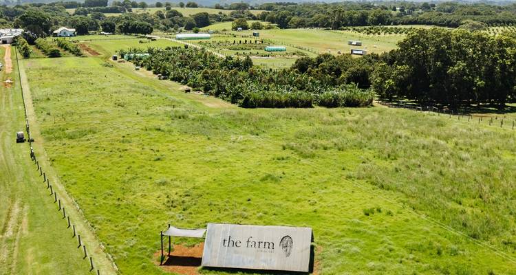 Boerderijlandschap met rijen gewassen en een bord met de tekst 'De Boerderij'.