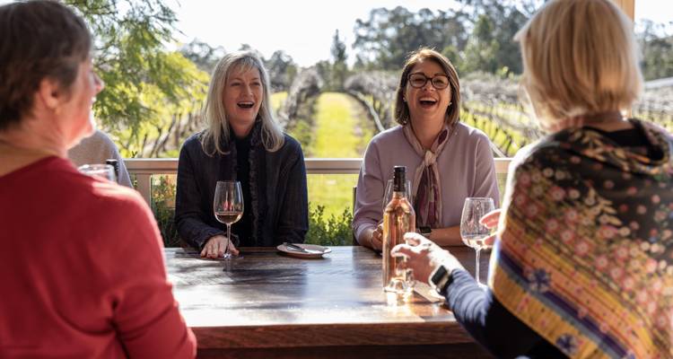 Groupe d'amis savourant du vin dans un vignoble.