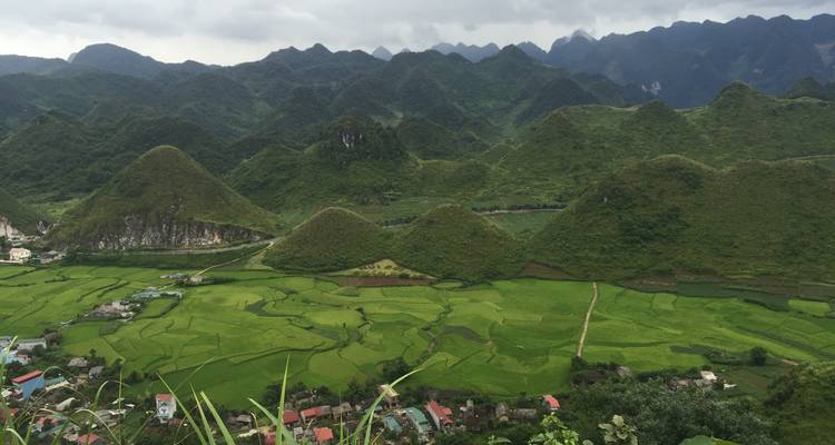 Üppige grüne Landschaft mit kleinen Hügeln unter einem bewölkten Himmel.