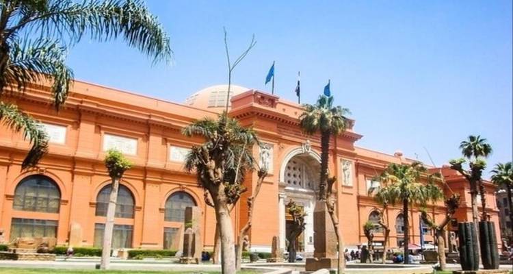 Buitenkant van een museumgebouw met palmbomen.