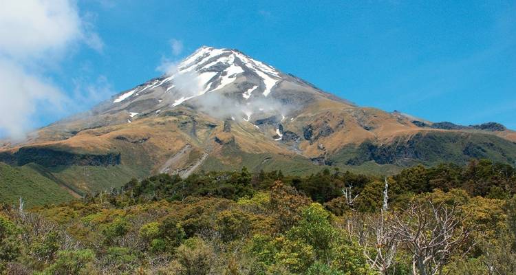 A mountain with snow on its peak surrounded by greenery.