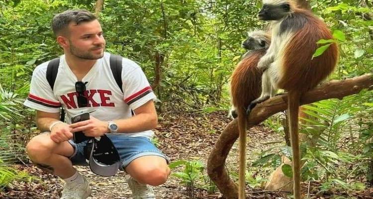 Man die een paar apen observeert in een weelderige bosomgeving.