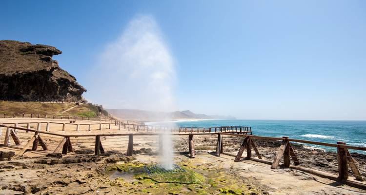 Watergeyser op een rotsachtig kustlandschap.