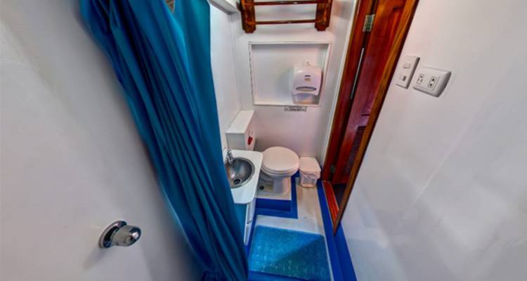 Compacte jachtbadkamer met blauwe vloer, wastafel, toilet en douchegordijn.