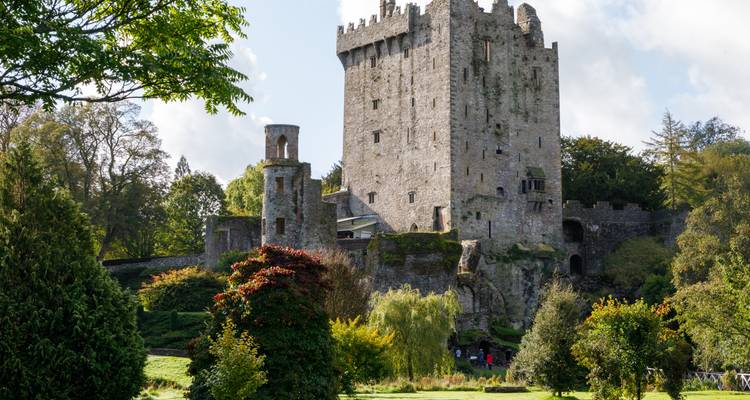 Ancienne forteresse de pierre avec une végétation luxuriante alentour.