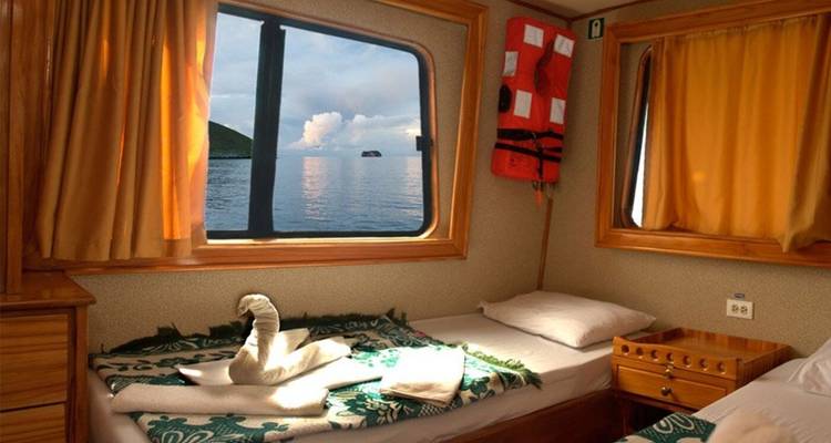 Cozy cabin room with a window view of the sea.