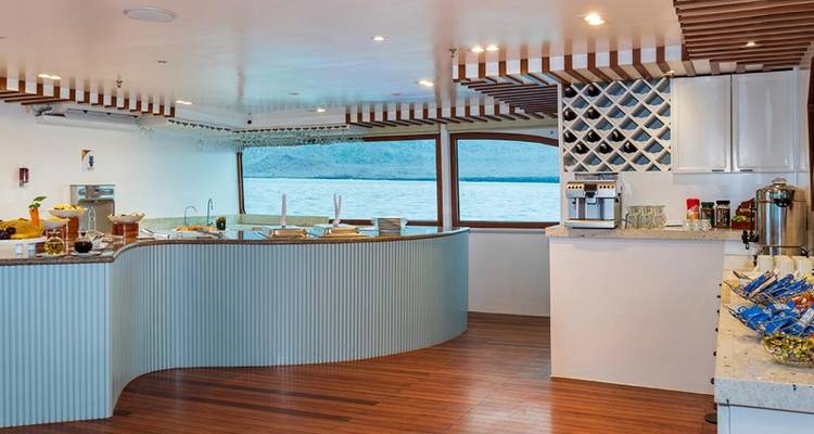 Stijlvolle barruimte op een boot met ramen die uitzicht op de oceaan bieden.