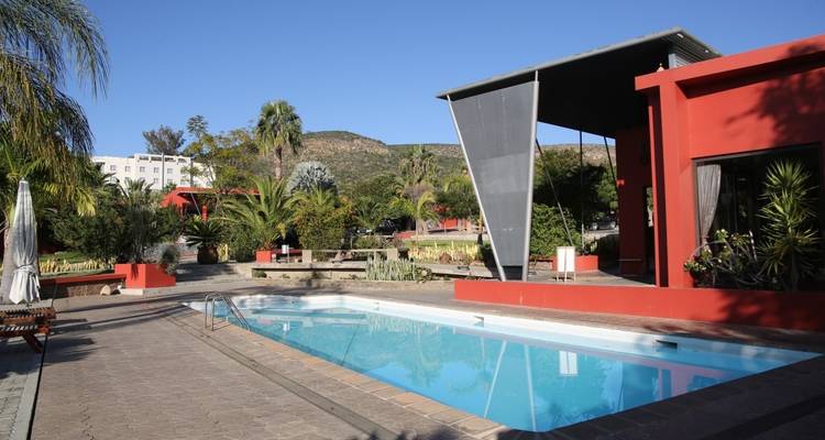 A modern house with a swimming pool surrounded by palm trees.