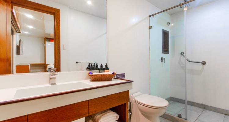 Modernes Badezimmer mit Dusche auf einer Yacht.