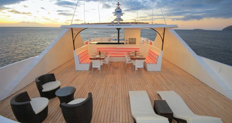 Jachtdek met zitplaatsen, met uitzicht op zee.