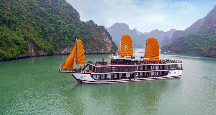 Kreuzfahrtschiff mit orangenen Segeln in einer grünen Bucht.